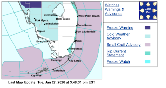 cold weather and freeze warnings in different Florida counties