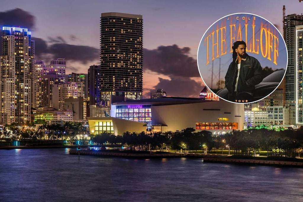 J. Cole The Fall-Off Tour poster and an image of the Kaseya Center in Miami