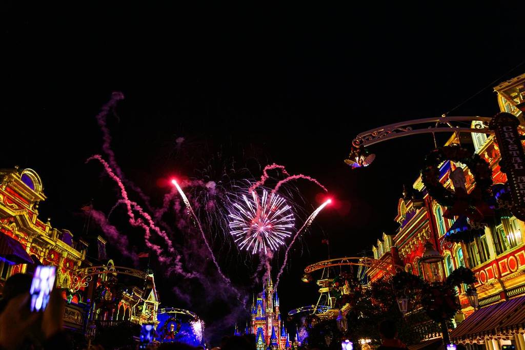 Un magnifique feu d'artifice illumine le ciel au-dessus de Walt Disney World la nuit