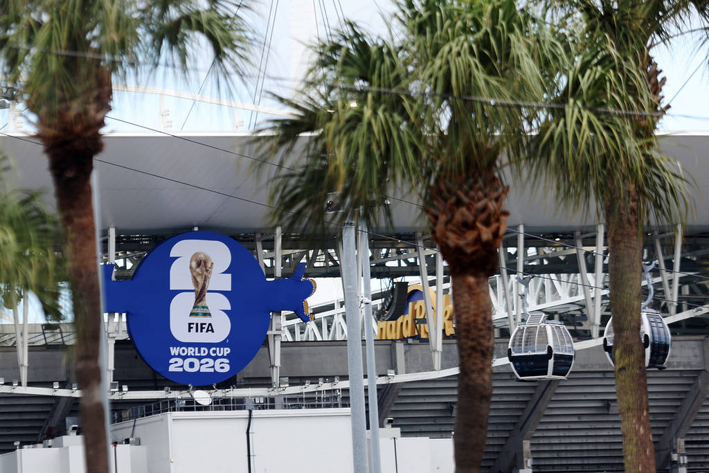 MIAMI, FLORIDA - MAY 22: The FIFA World Cup 2026 logo is seen covering the Hard Rock Stadium signage on the exterior of the stadium at Miami Stadium on May 22, 2026 in Miami, Florida.