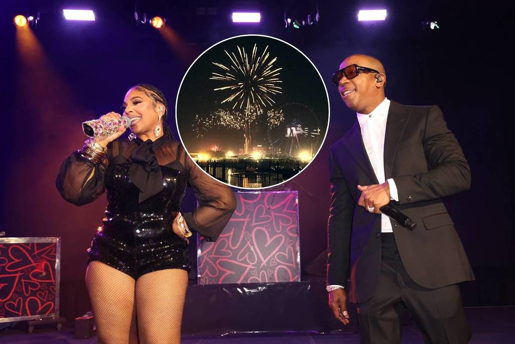 MIAMI, FLORIDA - NOVEMBER 15: (L-R) Ashanti and Ja Rule perform onstage during the 27th Annual Best Buddies Miami Gala at Mana Wynwood on November 15, 2025 in Miami, Florida. Image of fireworks over a marina with illuminated waterfront at night.