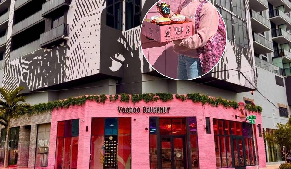 Voodoo Doughnut verschenkt zum National Donut Day in seiner Filiale in Wynwood kostenlose Leckereien – und die ersten 100 Kunden erhalten eine rosa Box-Tragetasche