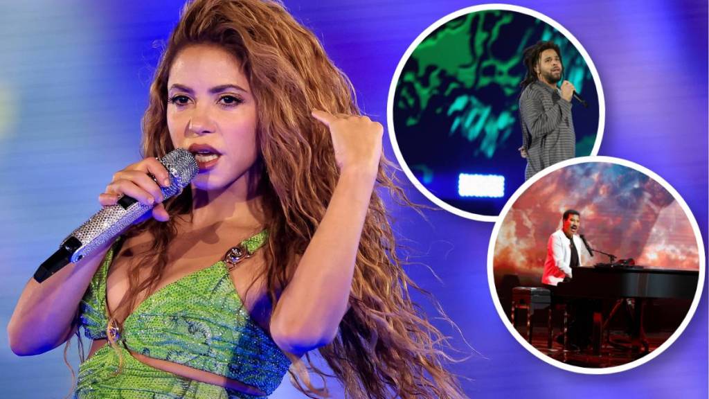 Shakira, J.Cole, and Lionel Richie all pictured (separately) on stage