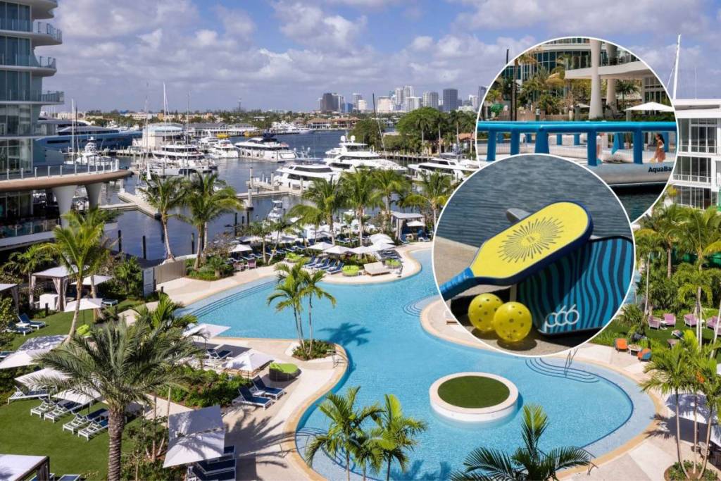 Resort-Pool mit Blick auf den Yachthafen und Bildern von schwimmendem Pickleball