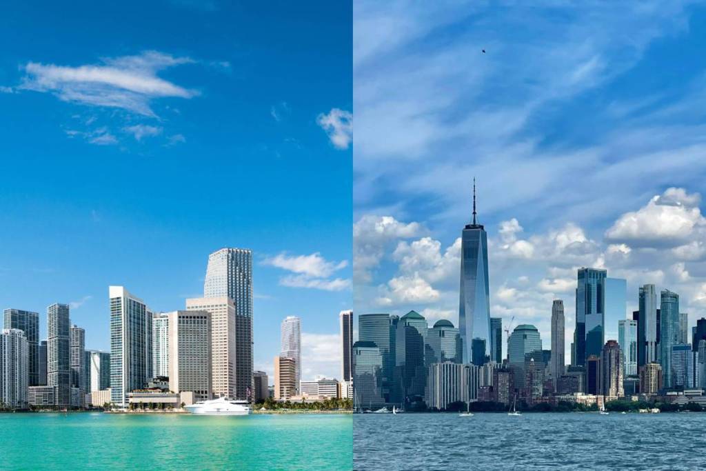 Os horizontes de Miami e Nova York