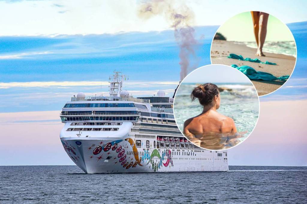 Cruise liner Norwegian Pearl with photos of a topless person in the sea and a swimsuit in the sand