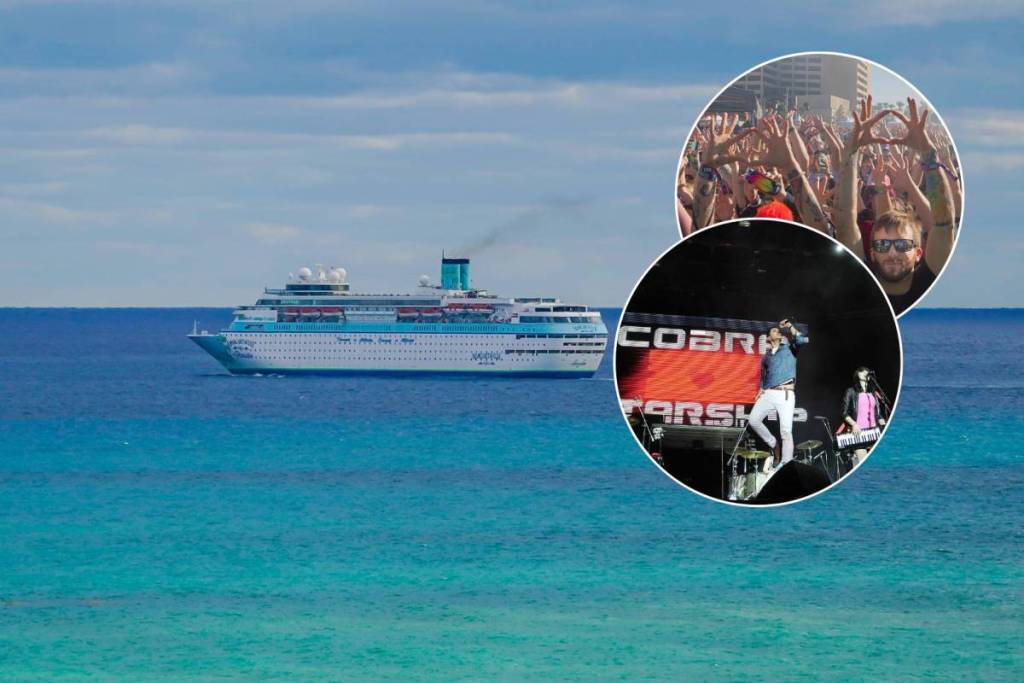 Images of a Margaritaville at Sea Paradise cruise ship, 3OH!3 crowd, Cobra Starship during a show