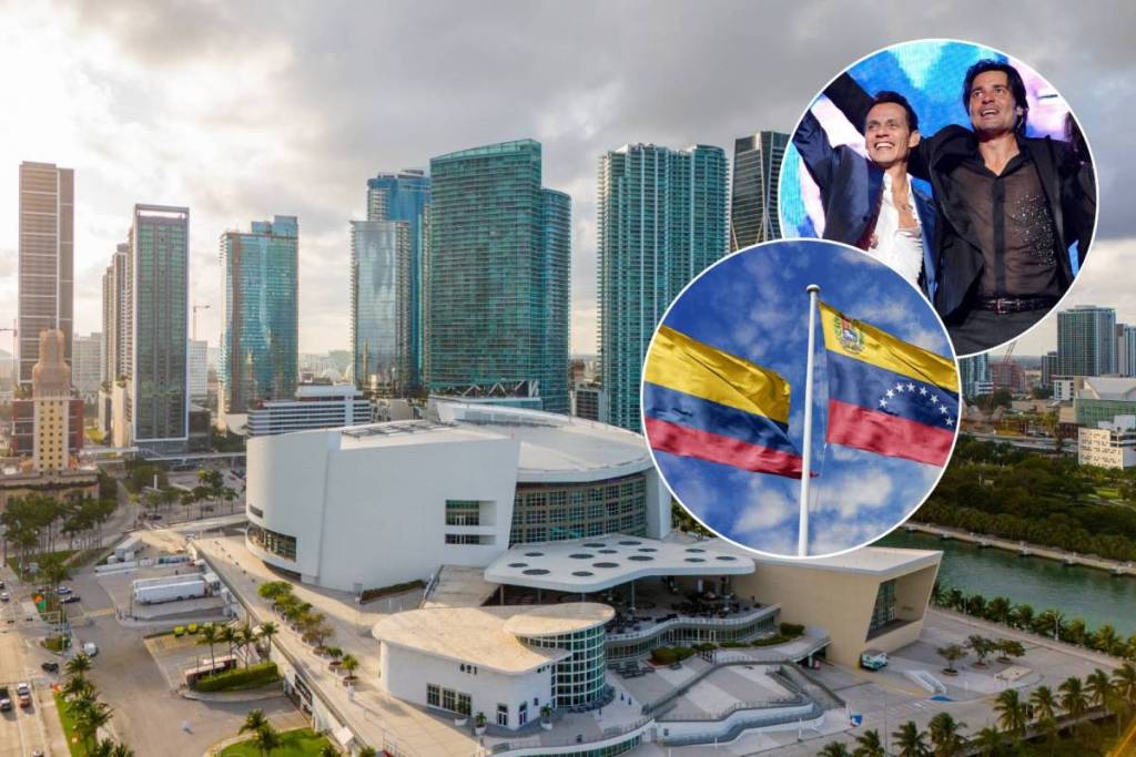 Bilder vom Kaseya Center, Flaggen von Kolumbien und Venezuela sowie die Sänger Marc Anthony und Chayanne
