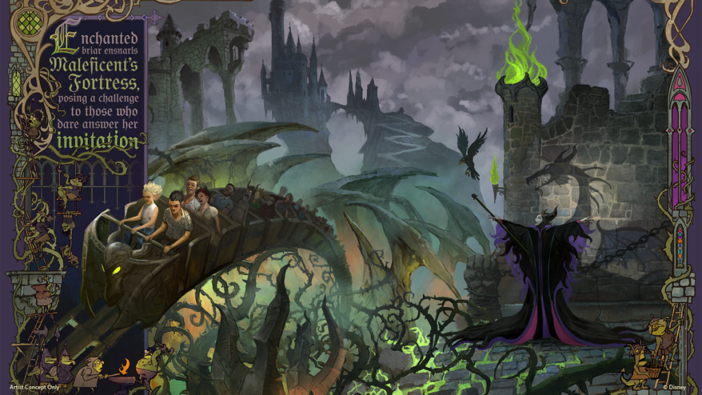 Arte conceptual de la montaña rusa «Maleficent Coaster», que llegará a «Villains Land» dentro de Magic Kingdom, en Walt Disney World