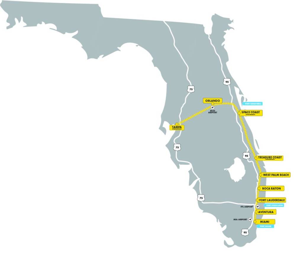 Mapa do sistema Brightline da Flórida