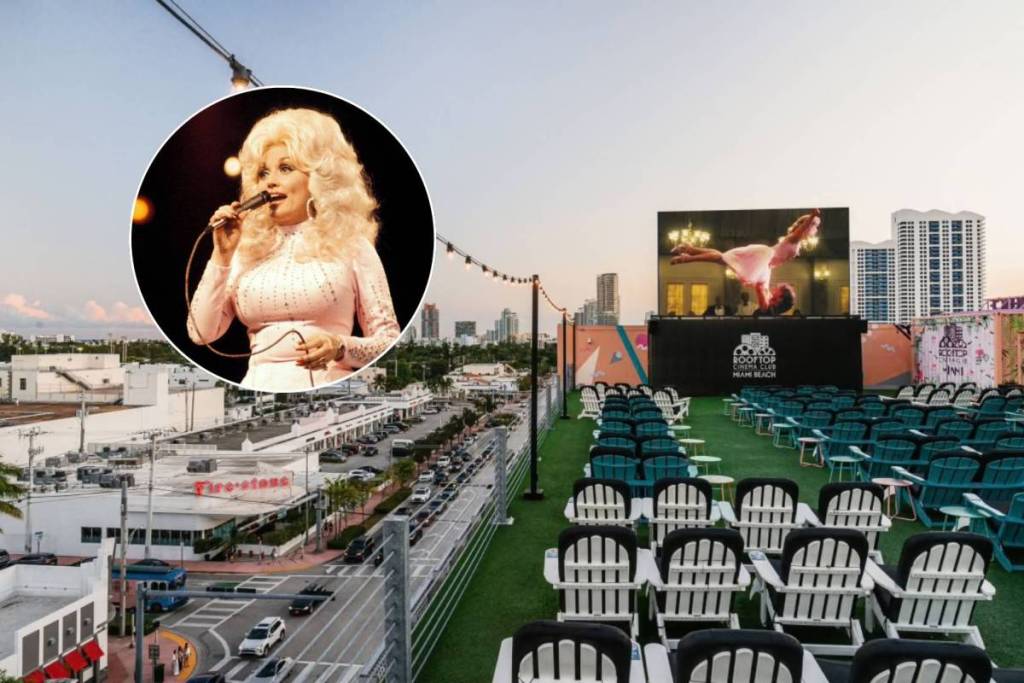 Imagens de Dolly Parton e do Rooftop Cinema Club South Beach