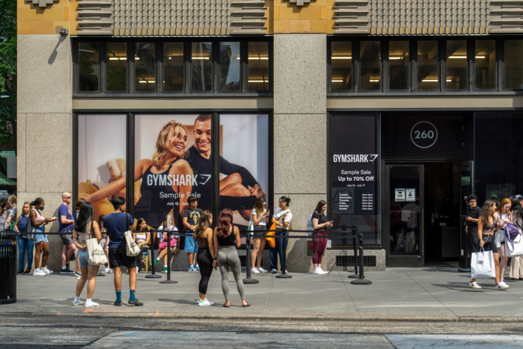 New York NY USA-July 12, 2022 Shoppers line up for bargains outside the sample sale of Gymshark fitness wear in NoMad in New York