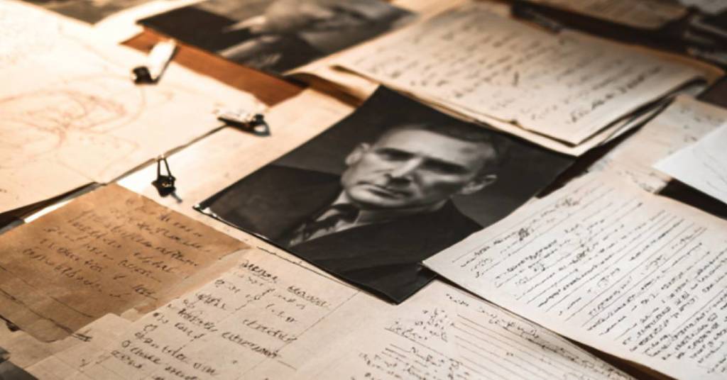 A stack of papers and an old photograph serving as evidence during the Frankenstein trial at The Jury Experience