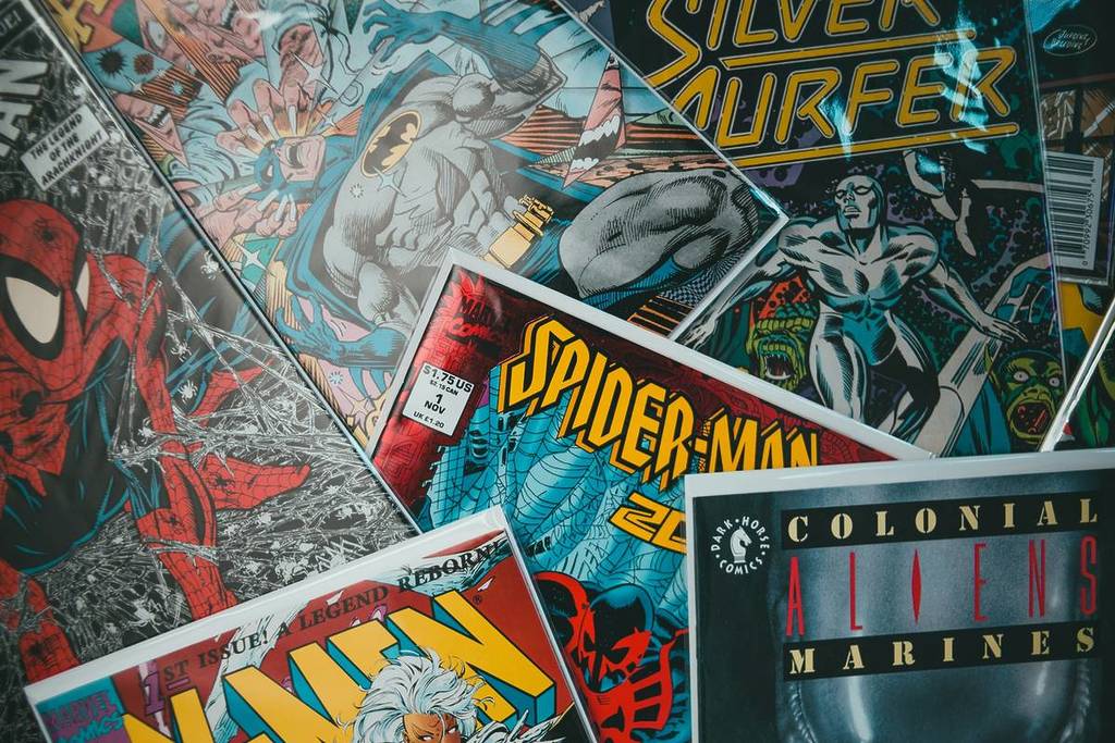 comics by spider man, silver surfer, etc. as stocked by a new comic store in munich