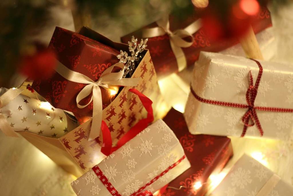 Christmas gifts with decorations and fairy lights