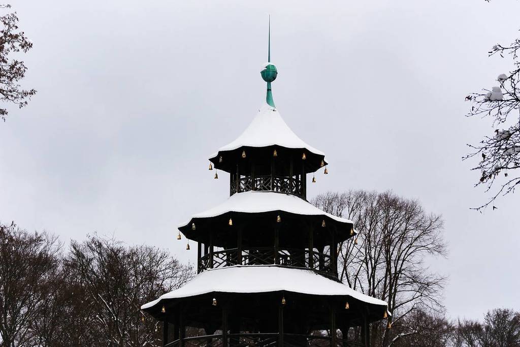 snow-covered chinese tower, snow on new year's eve