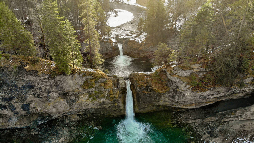 View of the two steps of the Buchenegger Waterfalls