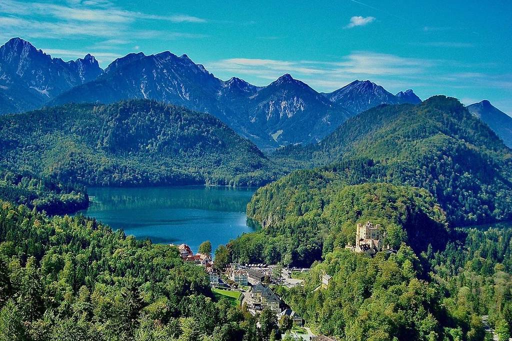Füssen from above with Forggensee and Hohenschwangau, surrounded by mountains