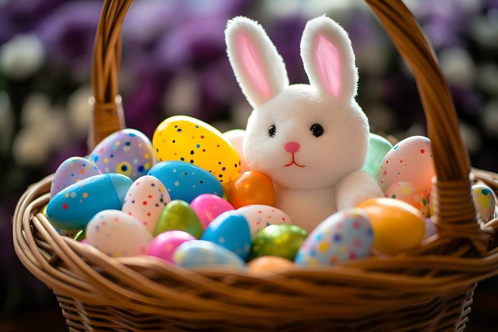 plüschhase und bunte eier in einem osterkorb