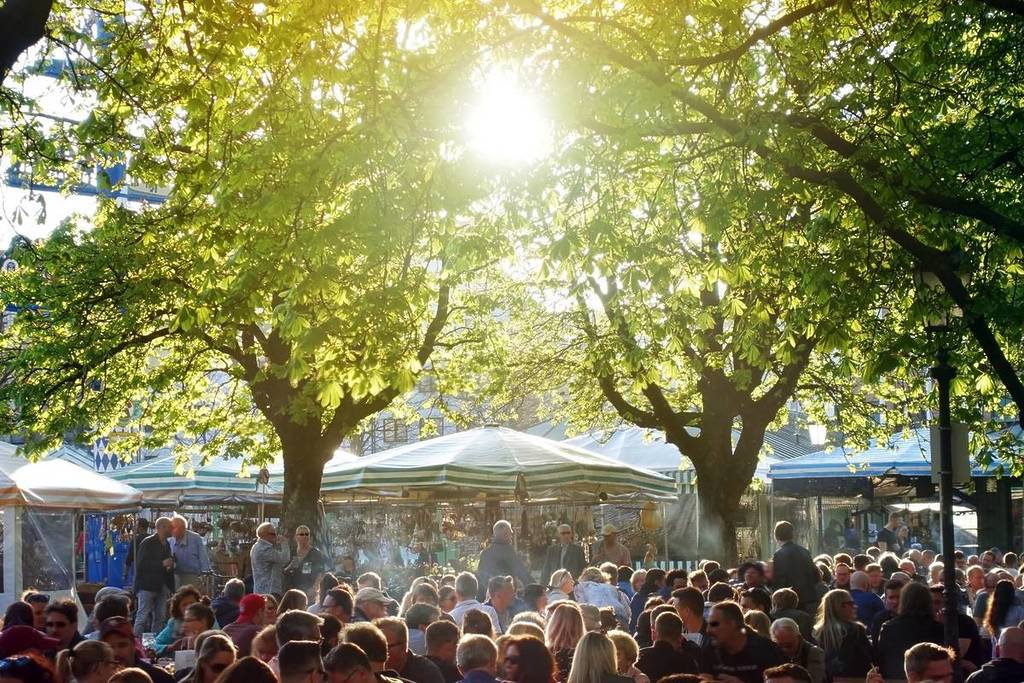 beer garden and market stalls
