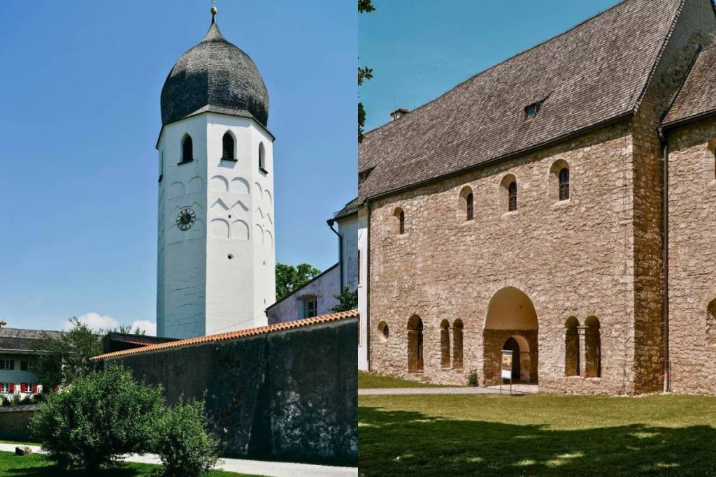 Frauenwörth Abbey with its gatehouse at the entrance to the abbey grounds.
