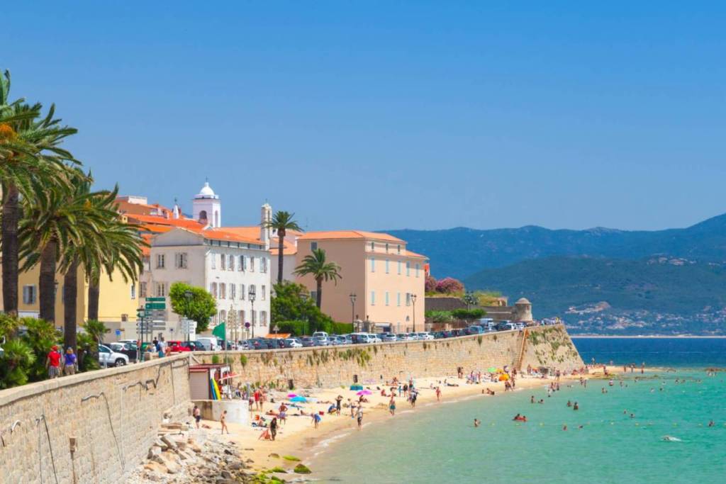 palmen, häuser, strand und meer in ajaccio