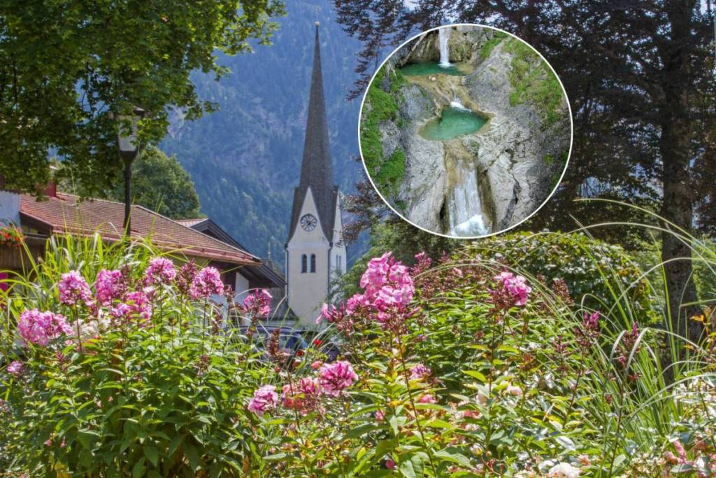 Church in Bayrischzell and waterfall
