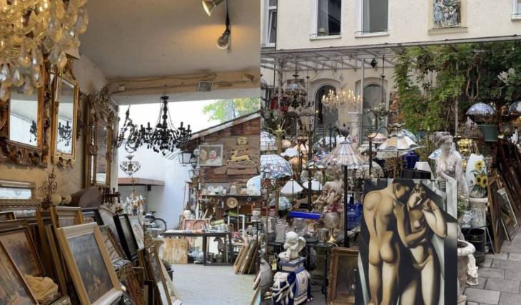 In a backyard in Schwabing, you’ll discover this fantastic antique shop: a multi-story labyrinth of vintage treasures, gold mirrors, and crystal chandeliers