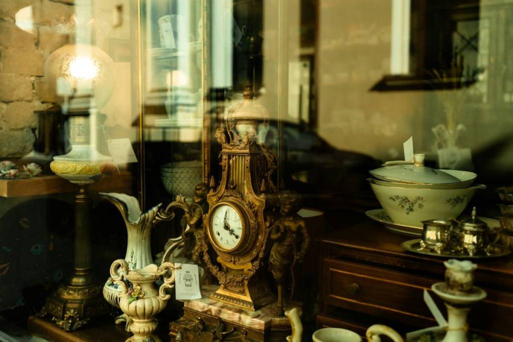 antiques in a display case