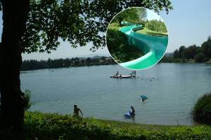 Nur 45 Minuten von München erlebt ihr echtes Urlaubsfeeling an diesem familienfreundlichen See mit 50 Meter langer Rutsche, Badeinsel und schöner Terrasse