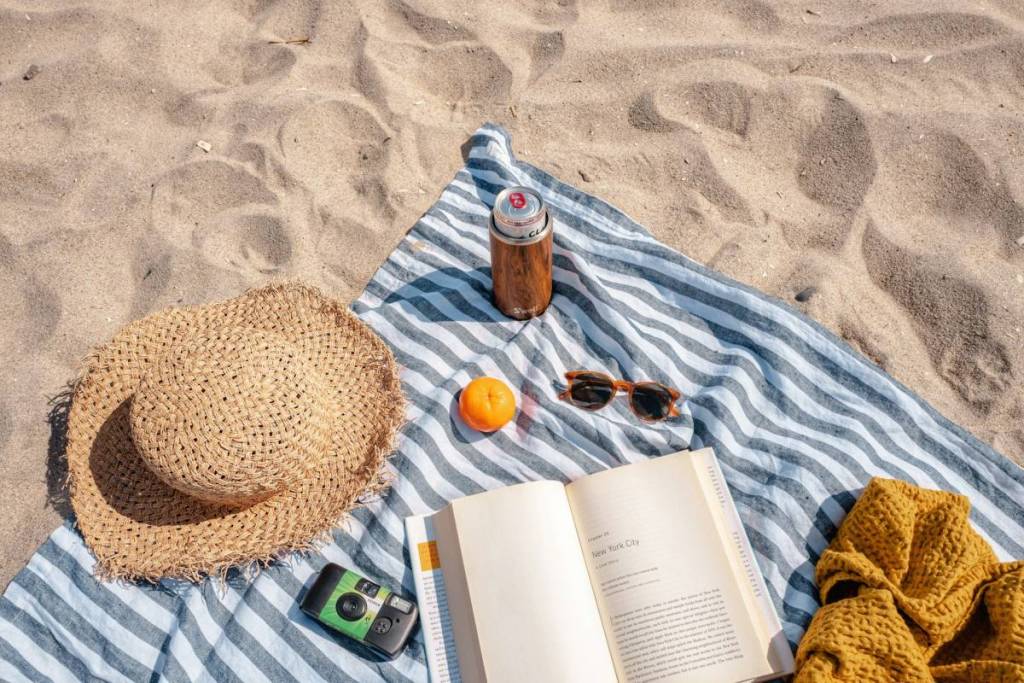 decke am strand mit buch, hut, sonnenbrille, kamera und getränk