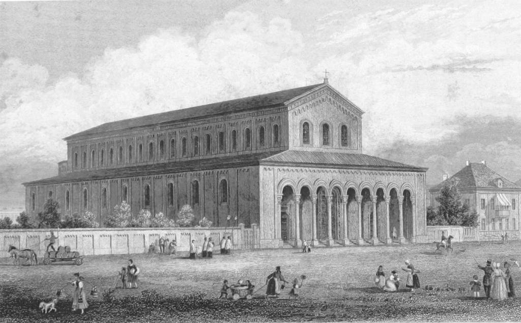 Black-and-white drawing of the monastery