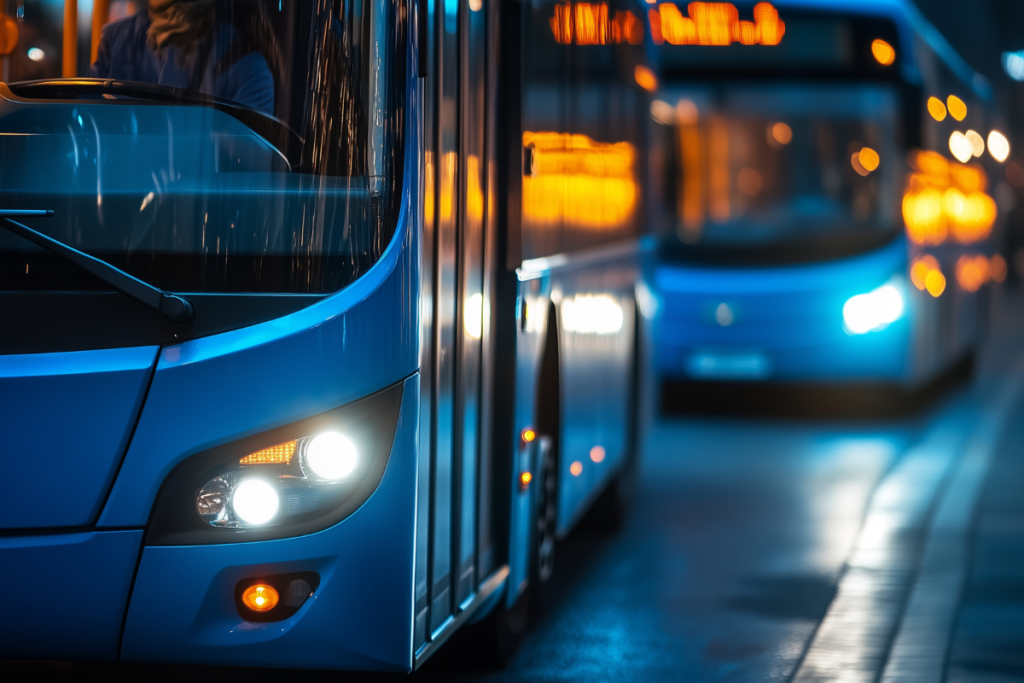Zwei blaue Busse in Nahaufnahme fahren bei Nacht