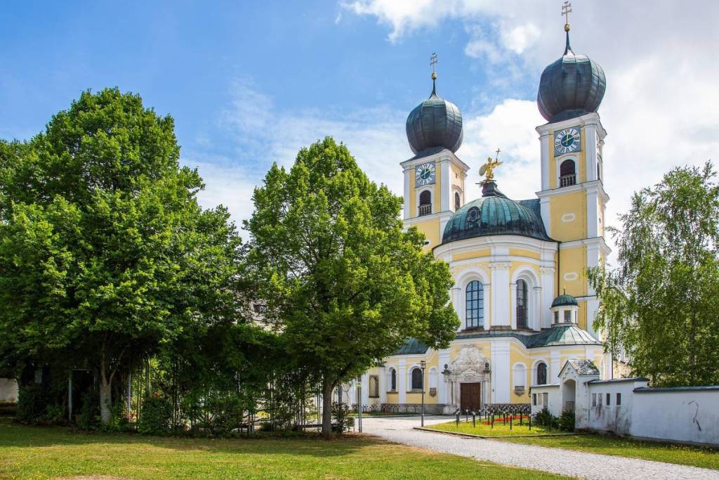 Monastery church with onion domes at Metten Monastery