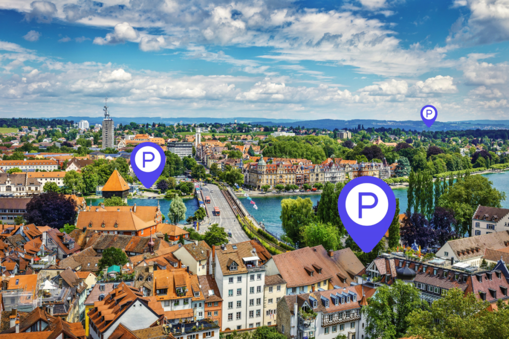 Aerial view of the city with parking lot icons