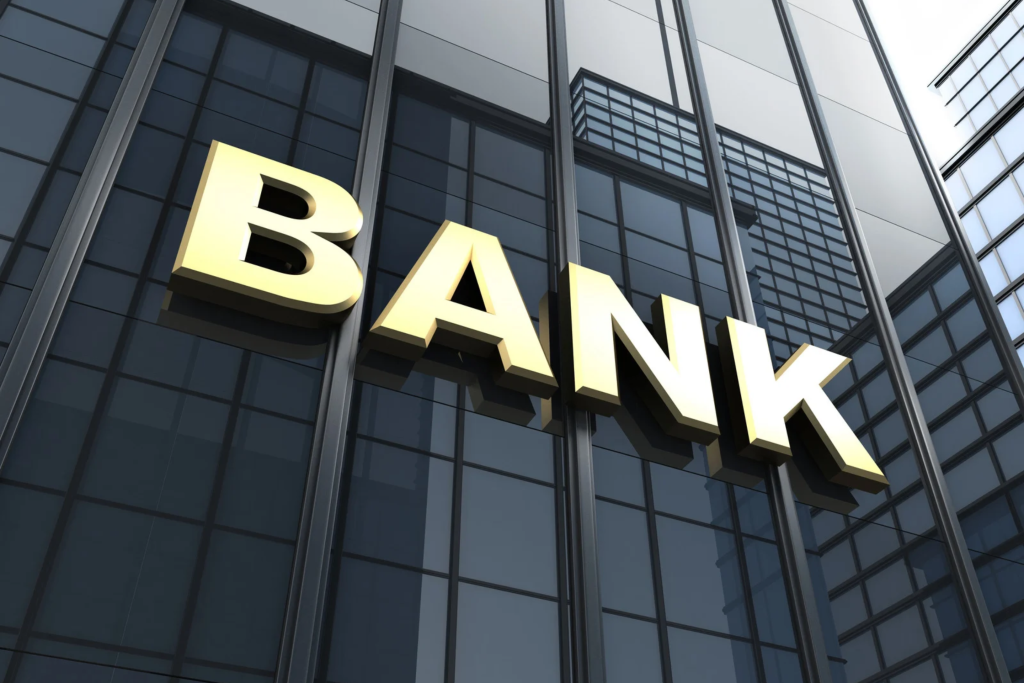 bank schriftzug auf einem gebäude