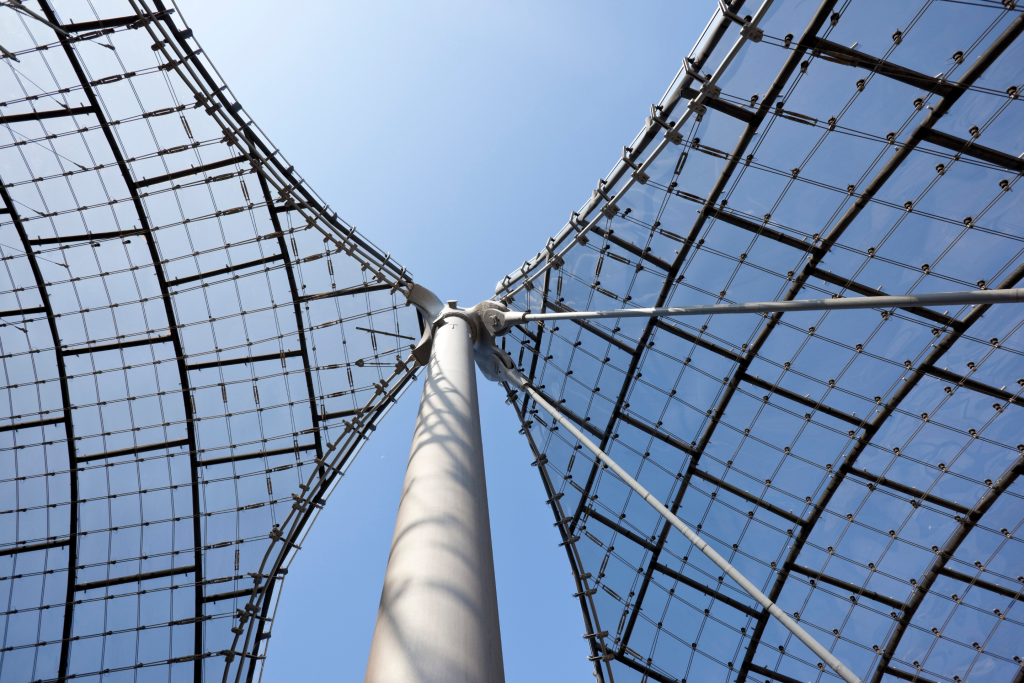 the stadium’s tent roof, viewed from below