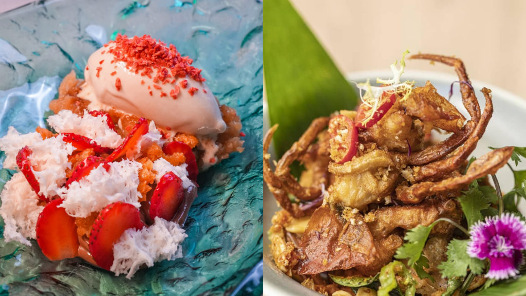 Two dishes from restaurants in Mumbai - Crab and dessert.
