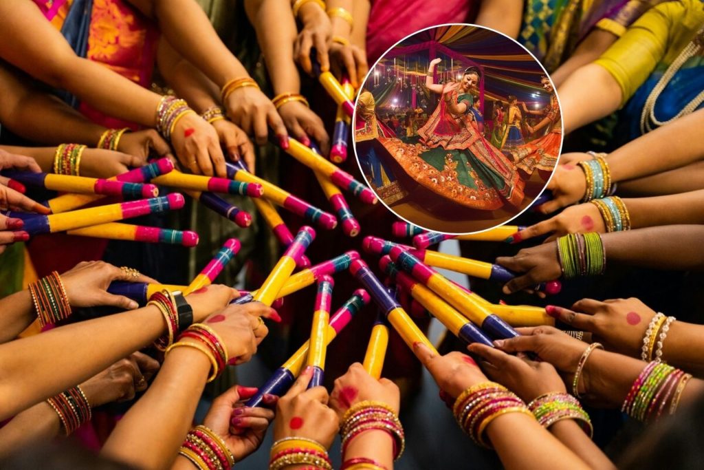 Main image of dandiya sticks clashing and inset image of woman dancing garba during Navratri