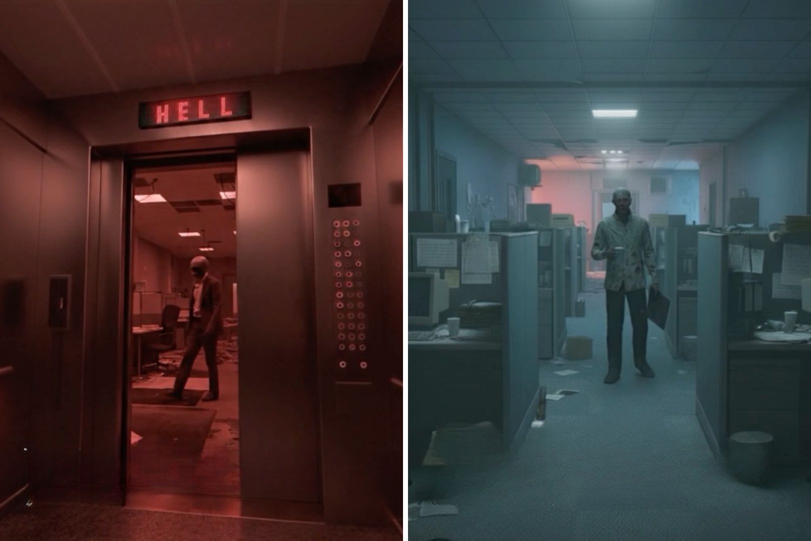 Images of zombies and skeletons in a corporate hell Halloween party