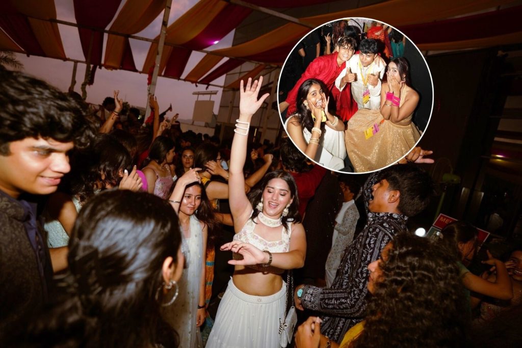 Girl and people dancing at fake wedding