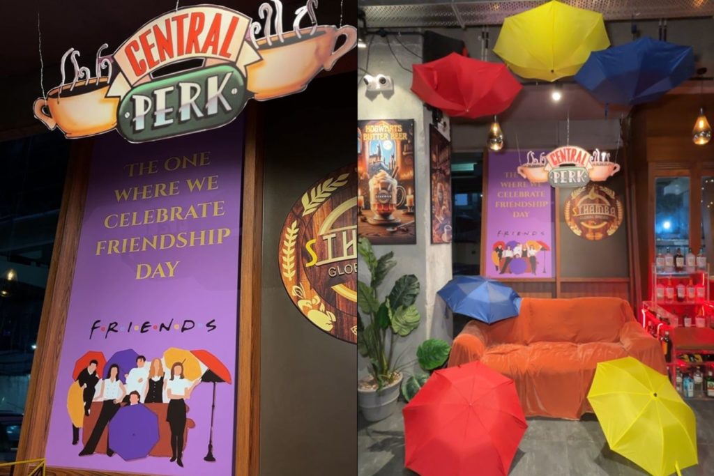 Friends themed friendship day party decor in Mumbai - a split image of certral perk logo and orange couch