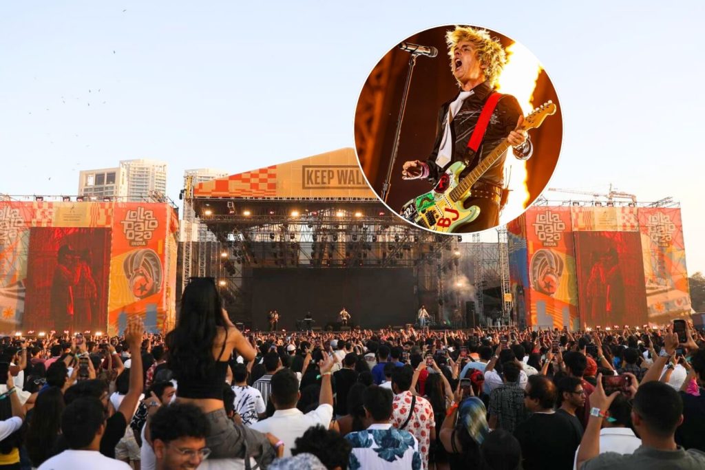 Lollapalooza India crowd and stage, with inset image of Green Day frontman performing