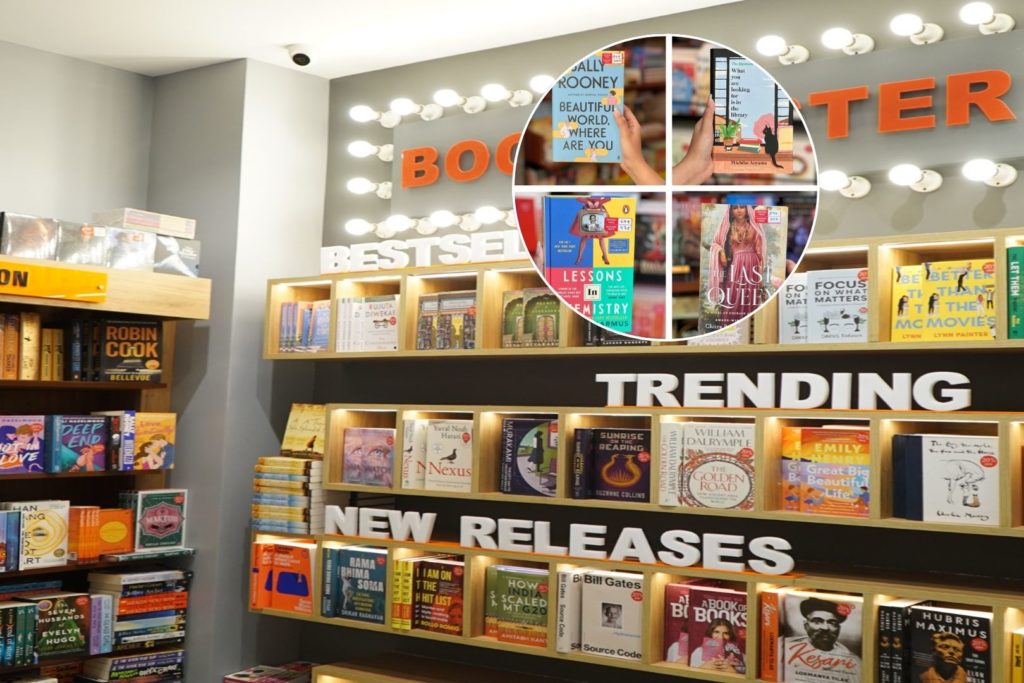 Bargain Book Hut shelves stocked with trending and new releases; inset image of bestselling novels