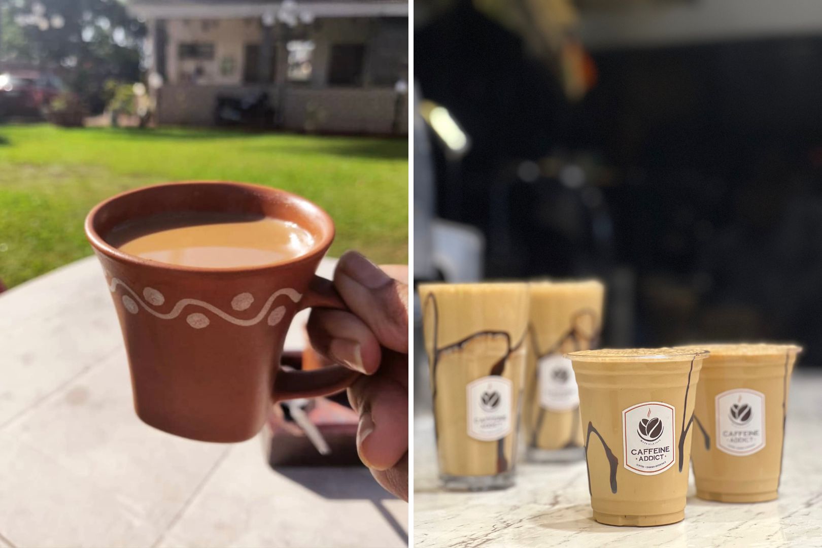 Collage of a cup of chai and cold coffee