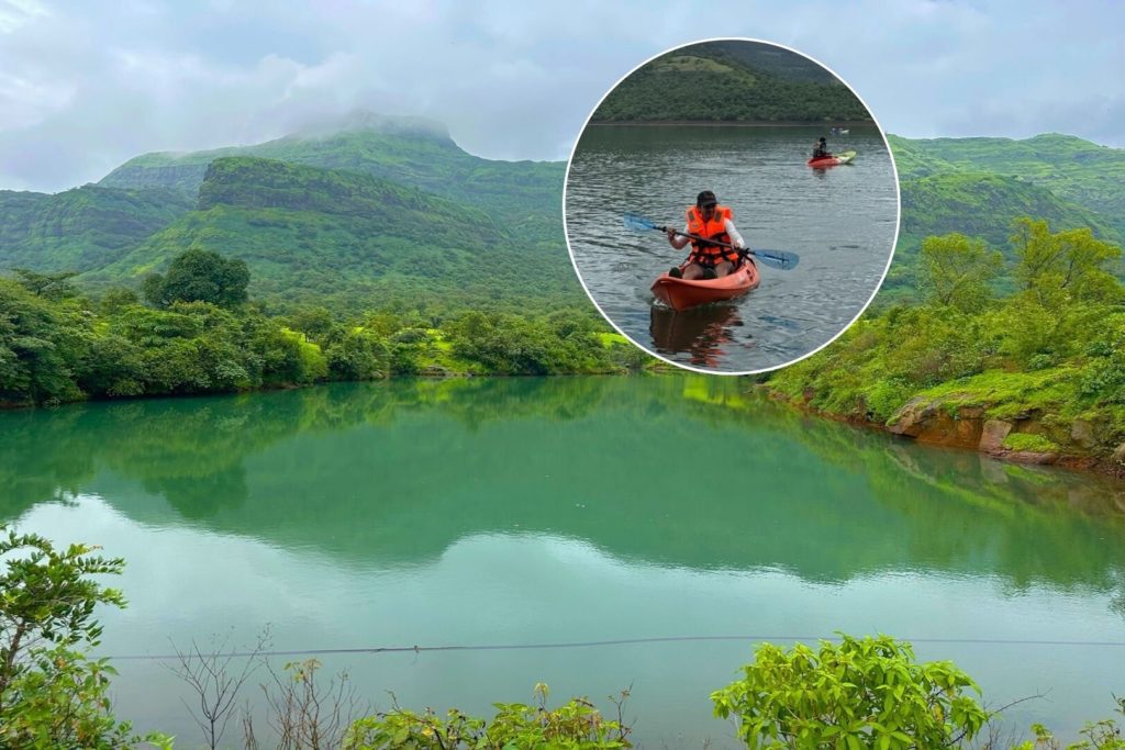 Inset image of people kayaking on a lake in Lonavala, main image of lake and mountains of Lonavala