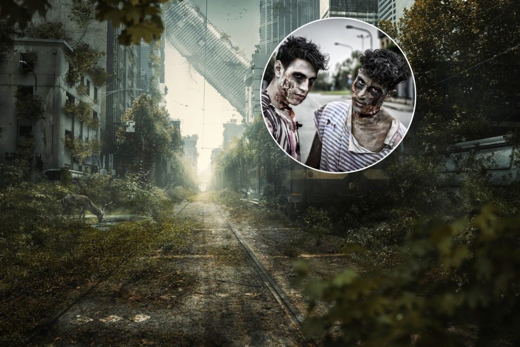 Images of a zombie wasteland and inset of two guys with zombie makeup in a city that resembles The Last Of Us locale