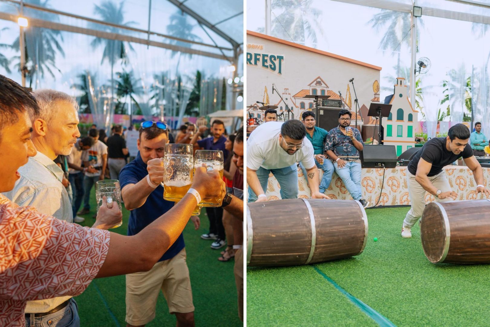 Jio World Drive Oktoberfest people cheersing and playing barrel rolling games
