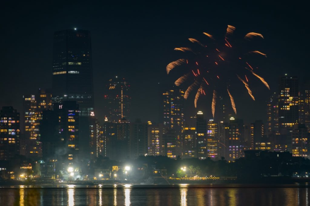 Mumbai Skyline with beautiful fireworks New Year's eve