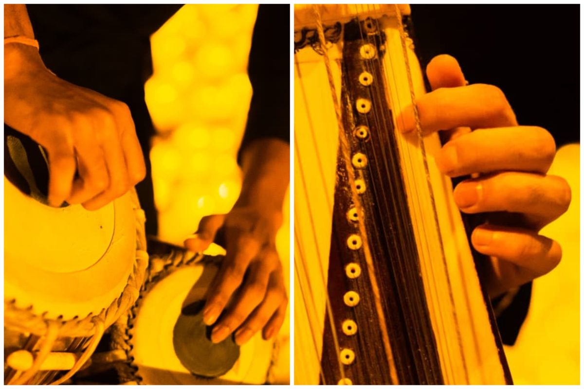 A collage of two musicians playing the tabla and sarangi